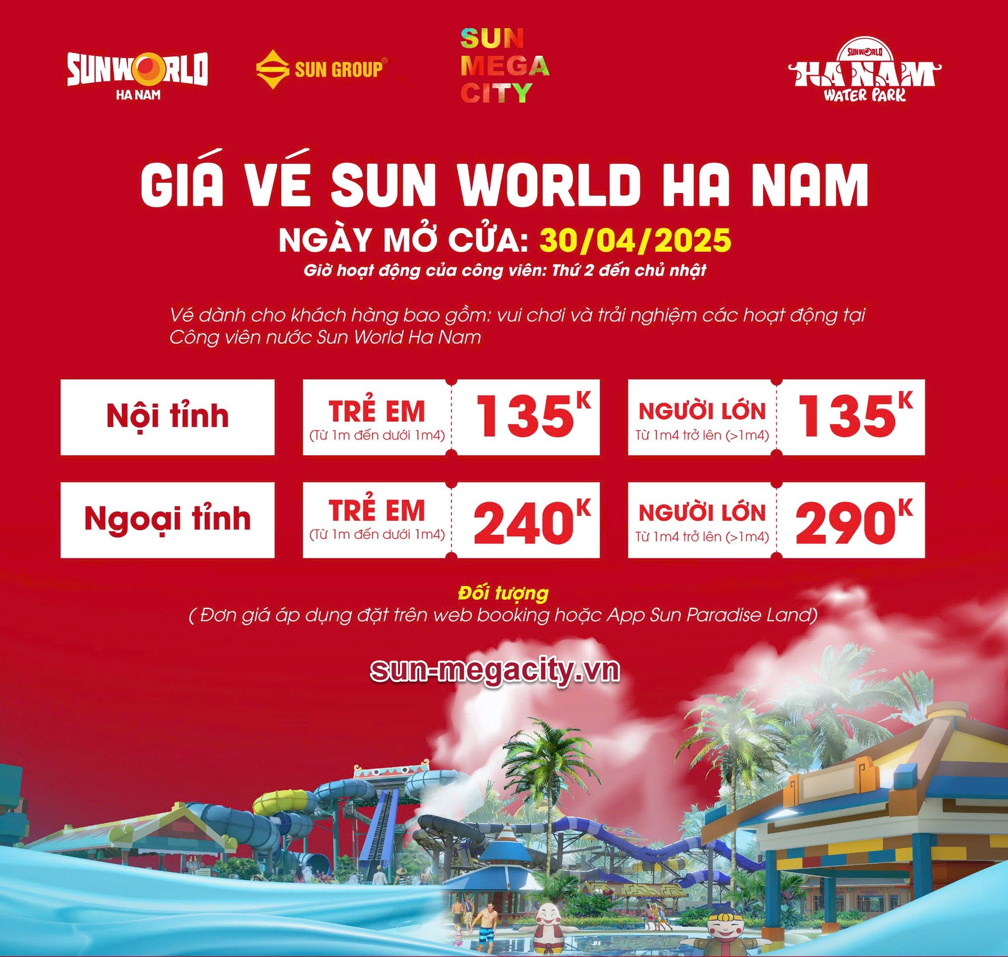 Giá vé Sun World Hà Nam ngày mở cửa 30/4/2025