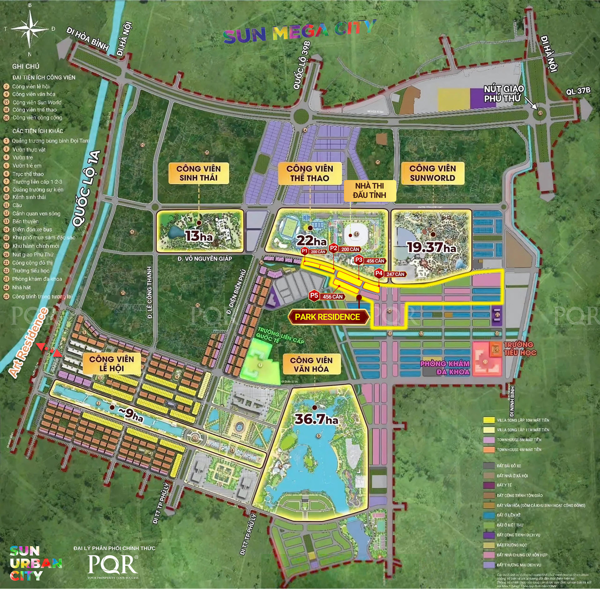 Bản đồ 5 đại công viên và các tiện ích Sun Urban City nổi bật